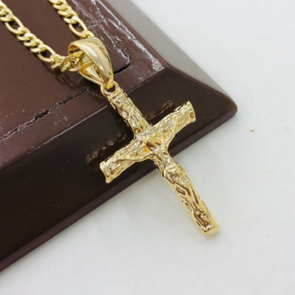 Yellow Gold Filled Rustic Cross Necklace with Figaro Chain 24" for Mens Womens - Picture 5 of 8